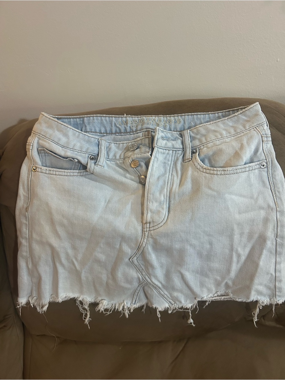American Eagle Outfitters Light Blue Denim Skort with Frayed Hem